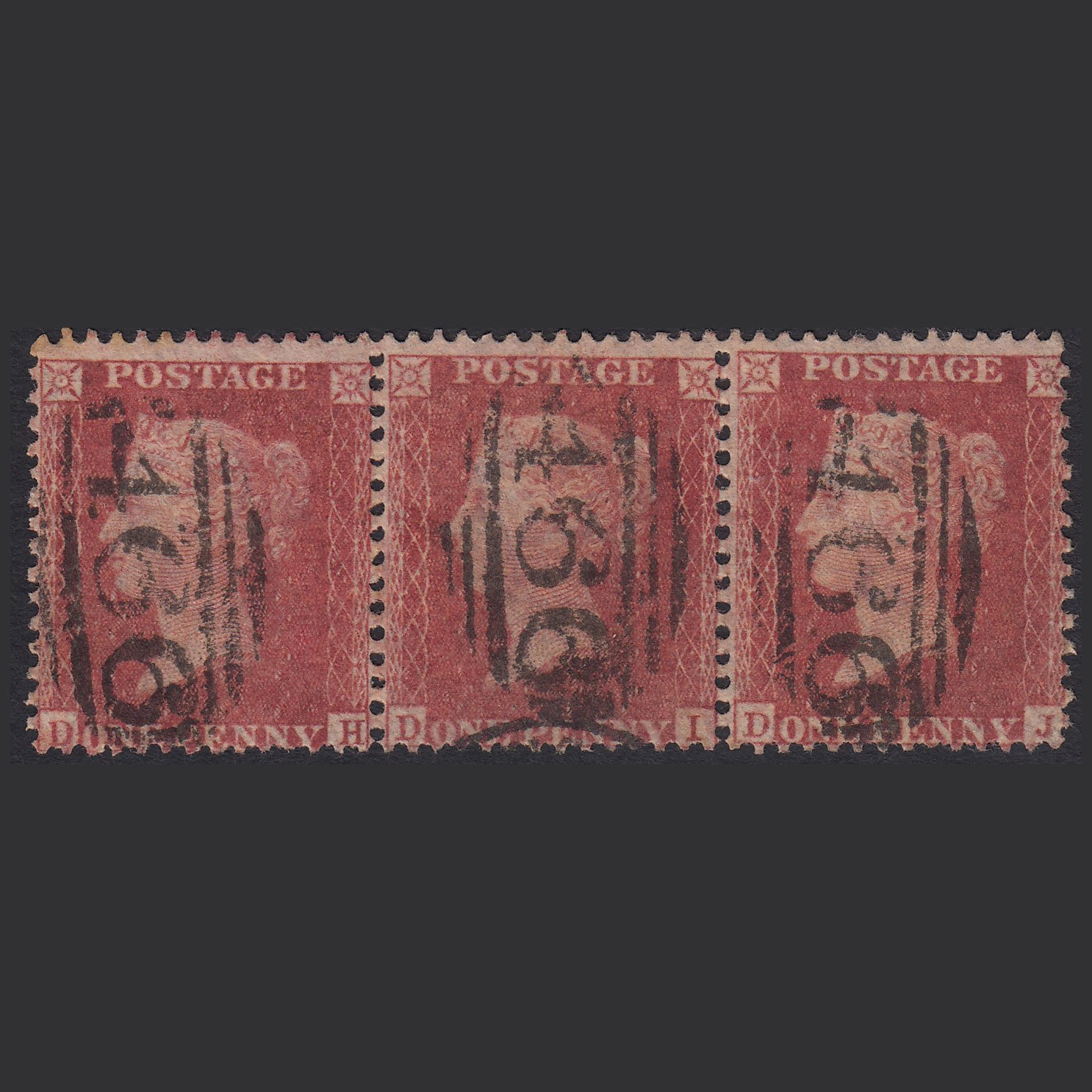 GB QV 1857 1d (Plate 55) SG40-C10(1) DH-DI-DJ GU Strip OF 3 Liverpool 466