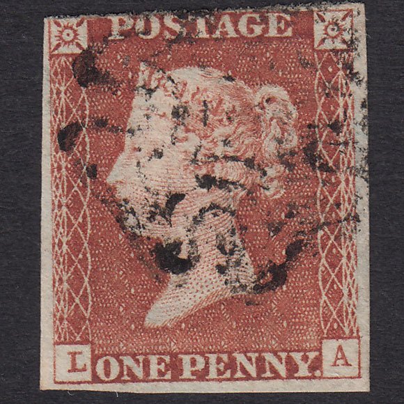 GB QV 1841 1d Red-brown Penny Black (Plate 11) SG7-A2 LA VFU 3 Margins MX