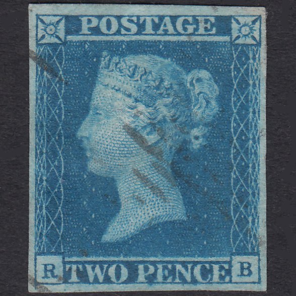 GB QV 1841 2d Blue Plate 3 SG14-E1(2) RB FU 4 Margins Light Cancel