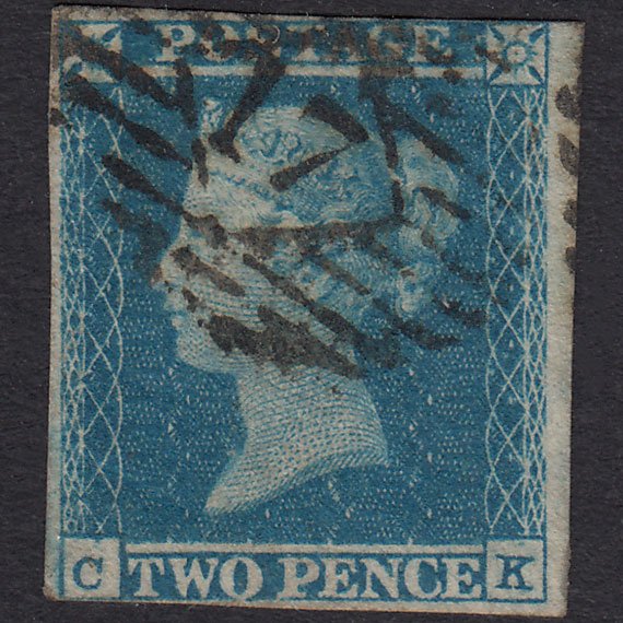 GB QV 1841 2d Blue Plate 4 SG14-E1(2) CK FU Nr 4 Margins London IS 17