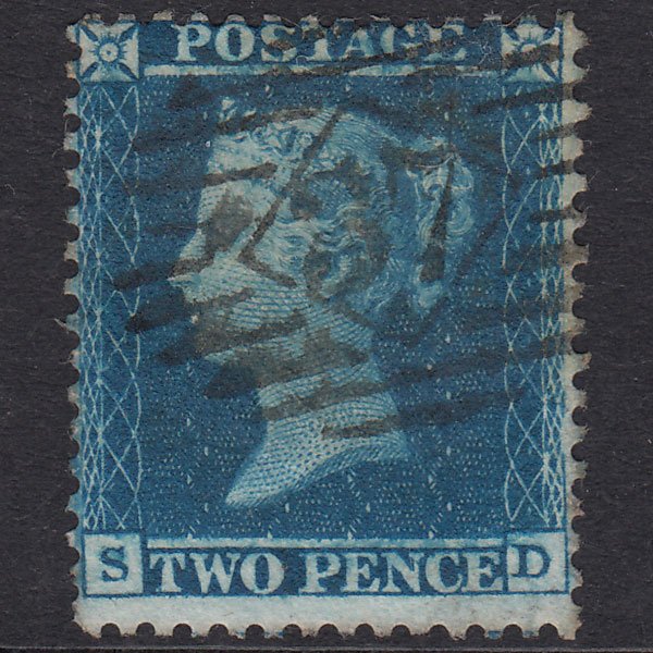GB QV 1855 2d Blue Plate 5 SG23A-F3 SD GU London IS 37
