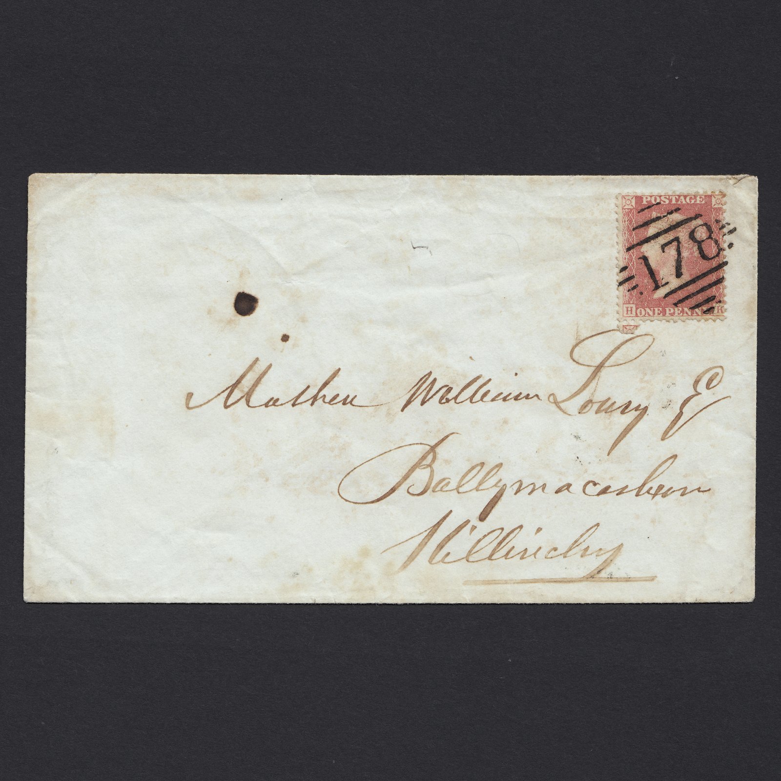 GB QV 1857 1d Pale Rose Transitional (Plate 47) C9A(1) GU Down 178 on Cover