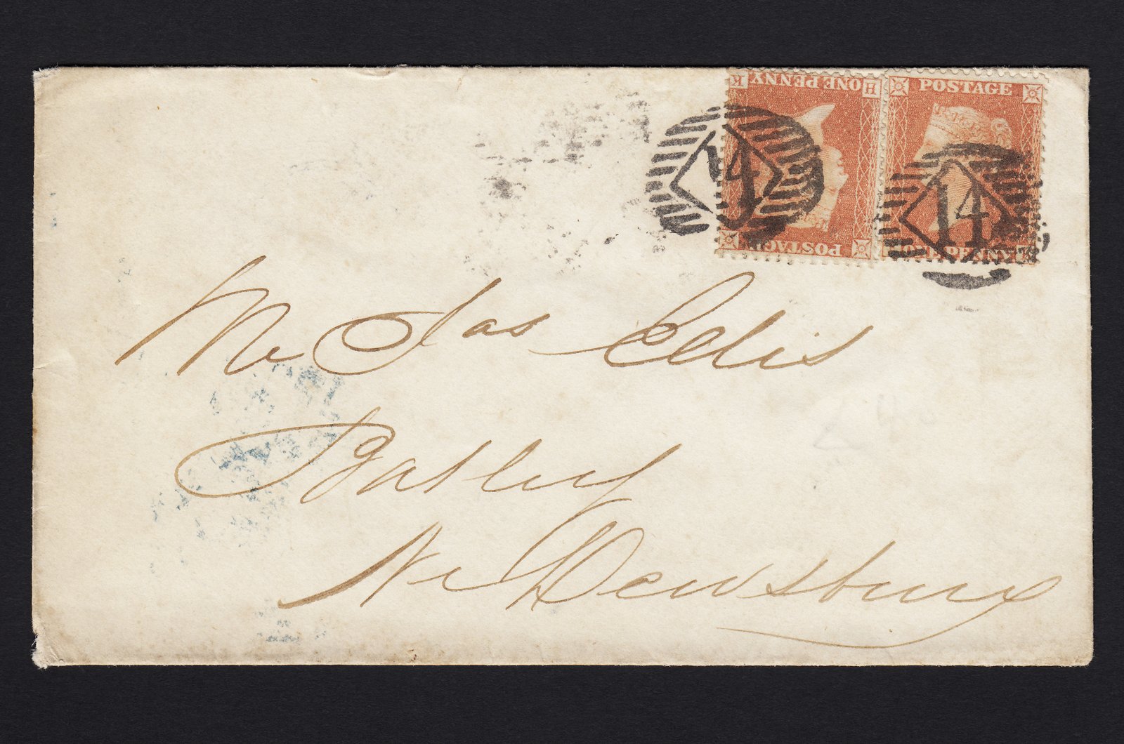 GB QV 1857 1d Orange-Brown Transitional (Plate 38) C9(1) FK HK FU on Cover