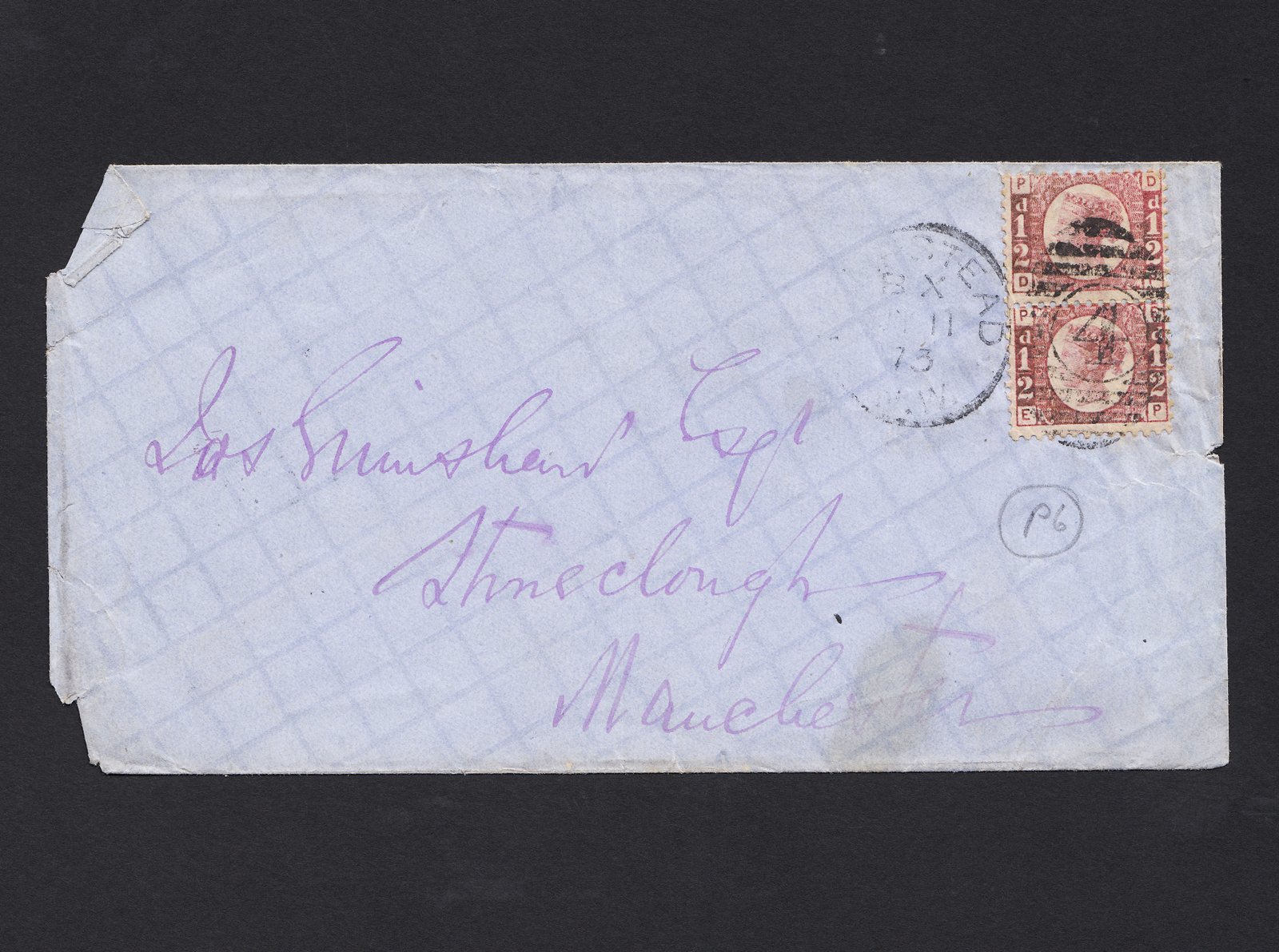 GB QV 1873 1/2d Rose-red (Plate 6) SG48-G4 FU Pair Hampstead to Manchester Cover