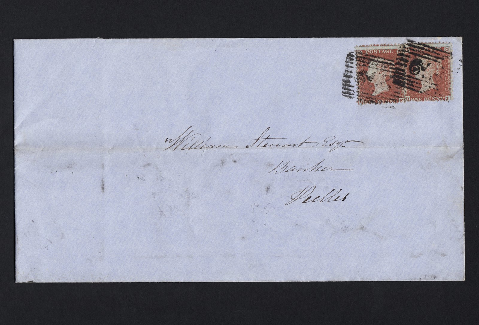 GB QV 1855 1d Plate R2 SG22-C2(1) HK-HJ FU Pair FU on Peebles Cover