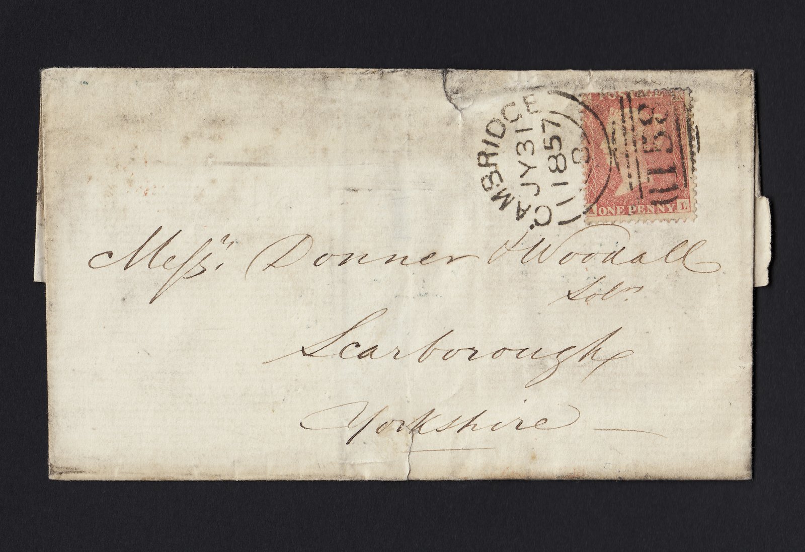 GB QV 1857 1d Pale Rose (Plate 47) C9A(1) AL GU Wrapper Cambridge Scarborough