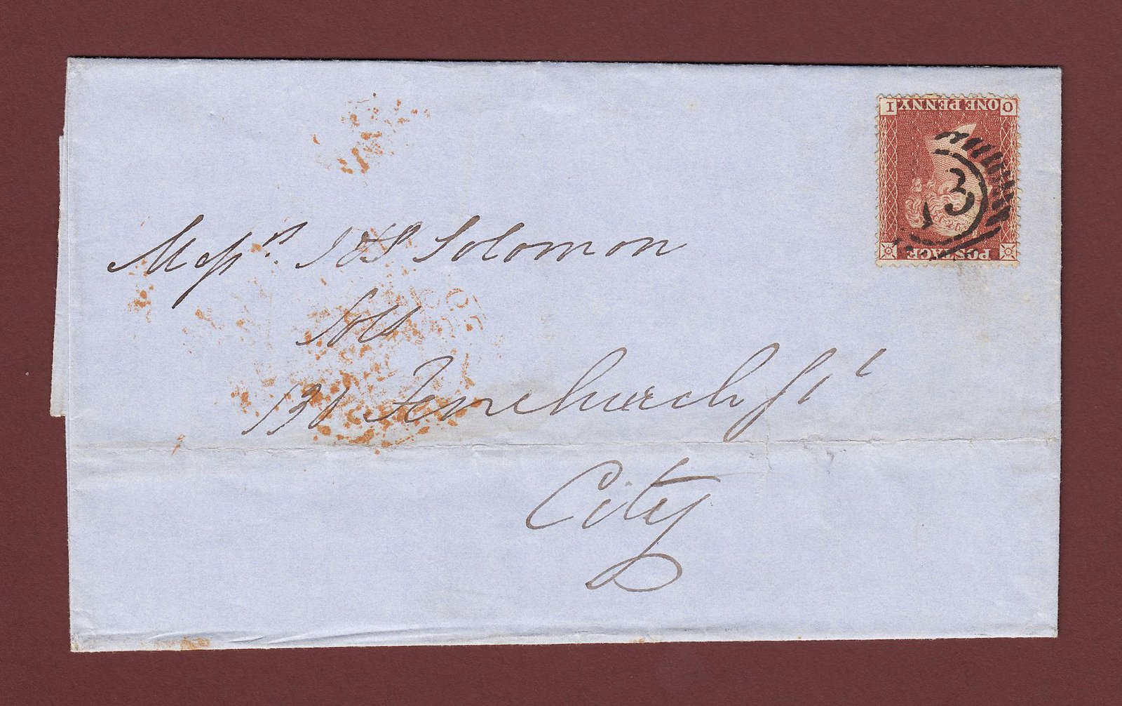 GB QV 1855 1d Penny Red-brown (Plate 9) SG21 C4 OI FU on London Entire E2