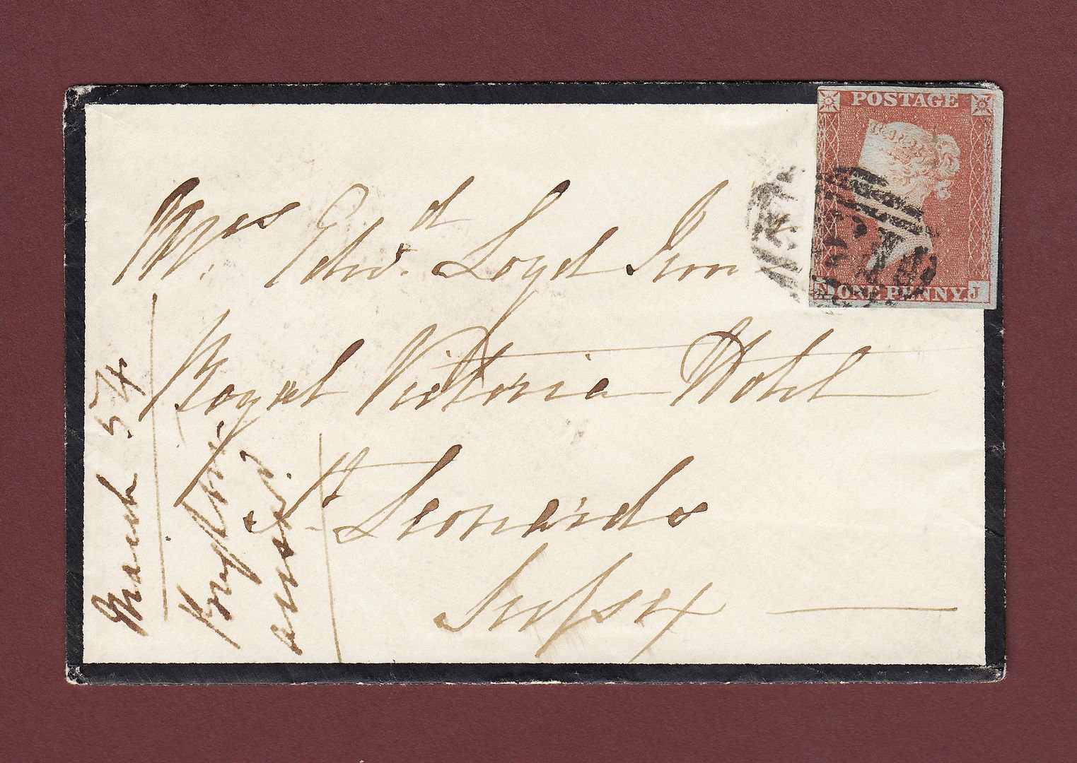 GB QV 1854 1d SG8 (Plate 157) NJ GU on Mourning Cover Brighton - St. Leonards