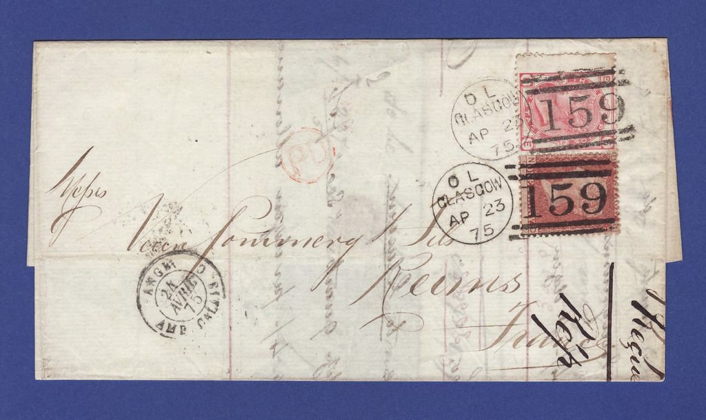 GB QV 1875 4d (Plate 16) EE SG144 And 1d (Plate 155) ND SG44 Entire Glasgow to Reims