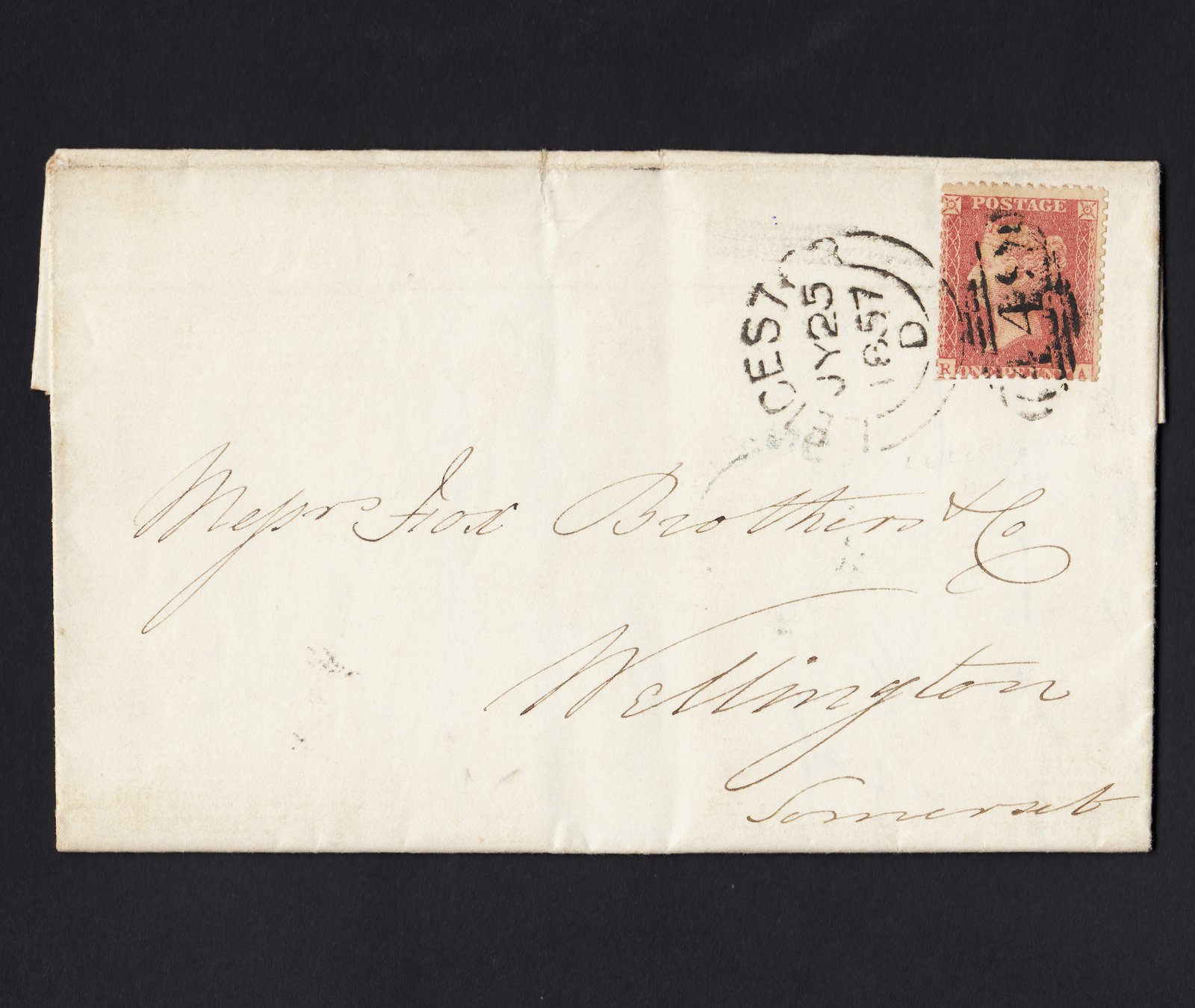 GB QV 1857 1d Pale-Red (Plate 44) C9(3) FU on Entire Leicester to Wellington