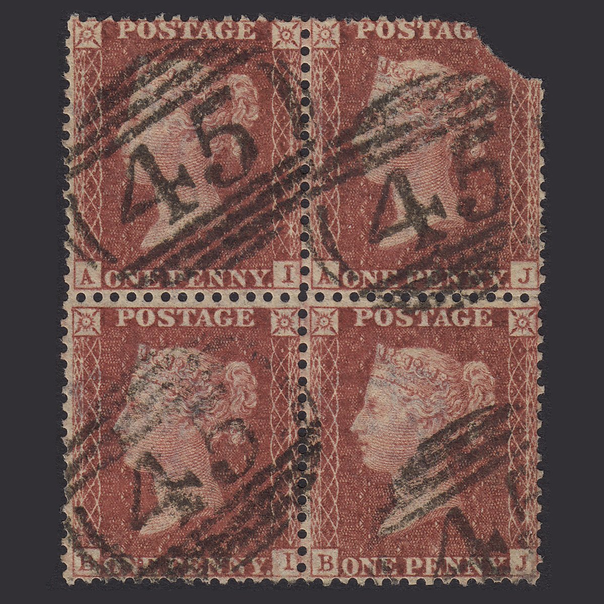 GB QV 1857 1d (Plate 36) SG41-C10(4) AI-AJ-BI-BJ GU Block OF 4 Baldock 45