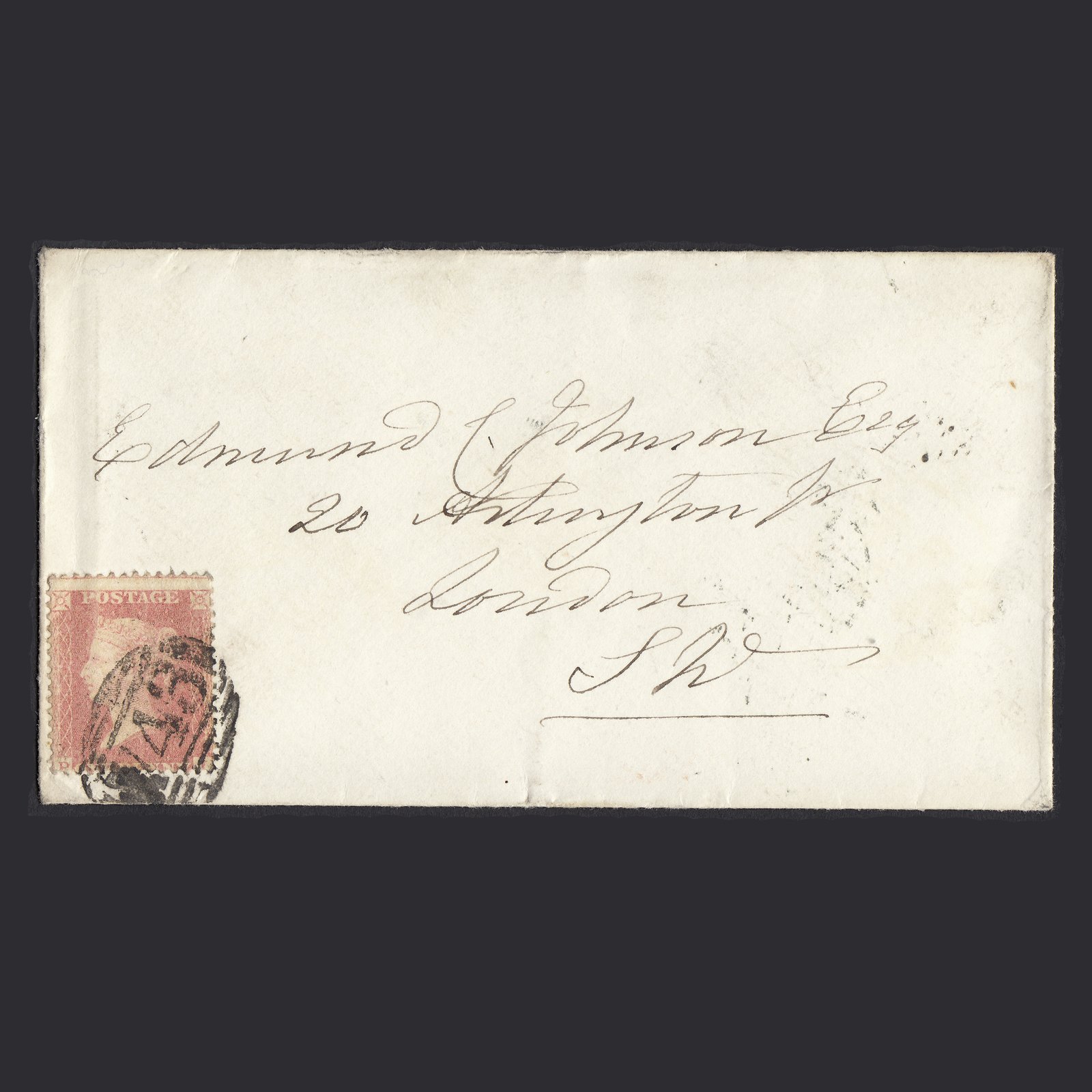 GB QV 1857 1d Pale Rose Transitional (Plate 37) SGC9A(1) PI GU Stevenage Cover
