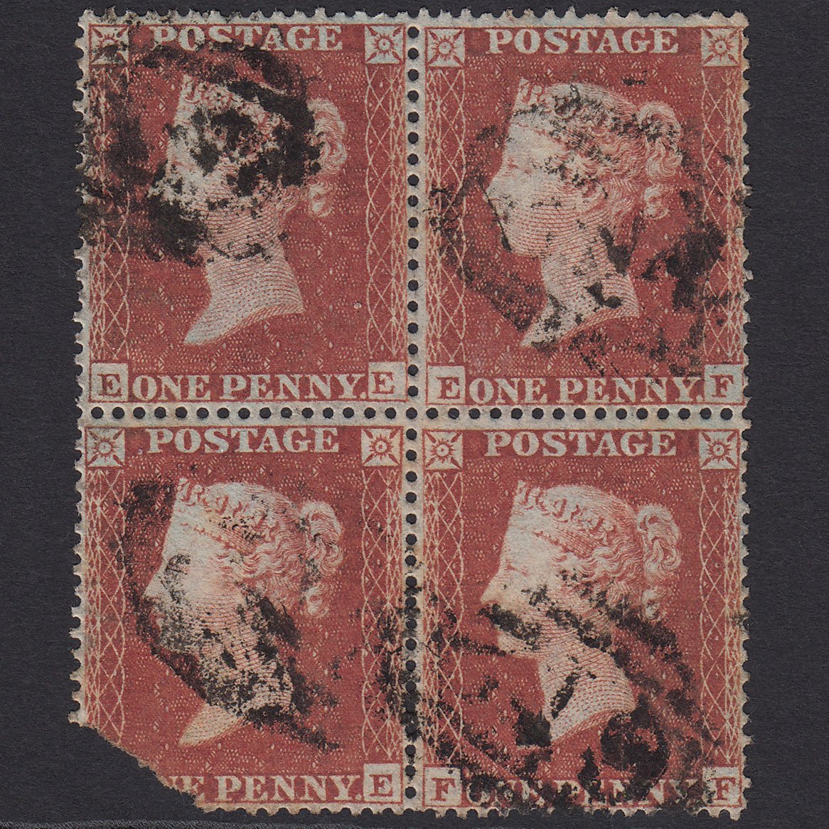 GB QV 1854 1d PL R6 SG17-C1(1) EE-EF-FE-FF GU Peterborough 612 Block OF 4