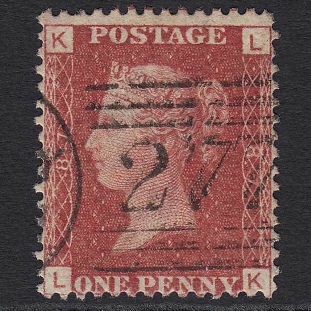 GB QV 1864 1d Lake-red (Plate 87) (SG44) 'LK' VFU Paisley (277) Scotland