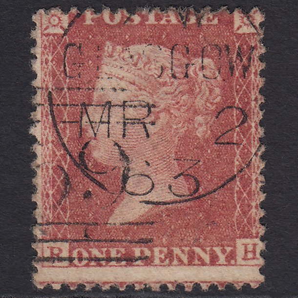 GB QV 1857 1d Rose-red (Plate 27) SG40-C10(1) RH FU Glasgow CDS Cancel