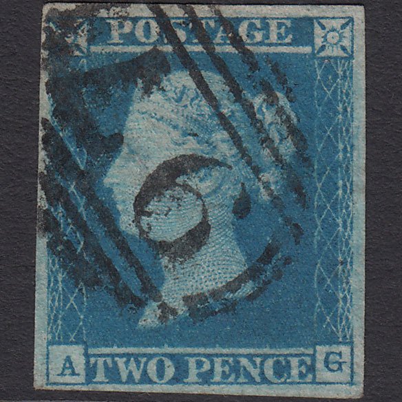 GB QV 1841 2d Blue (Plate 3) SG14-E1(2) AG FU 4 Margins Bury ST Edmunds 97