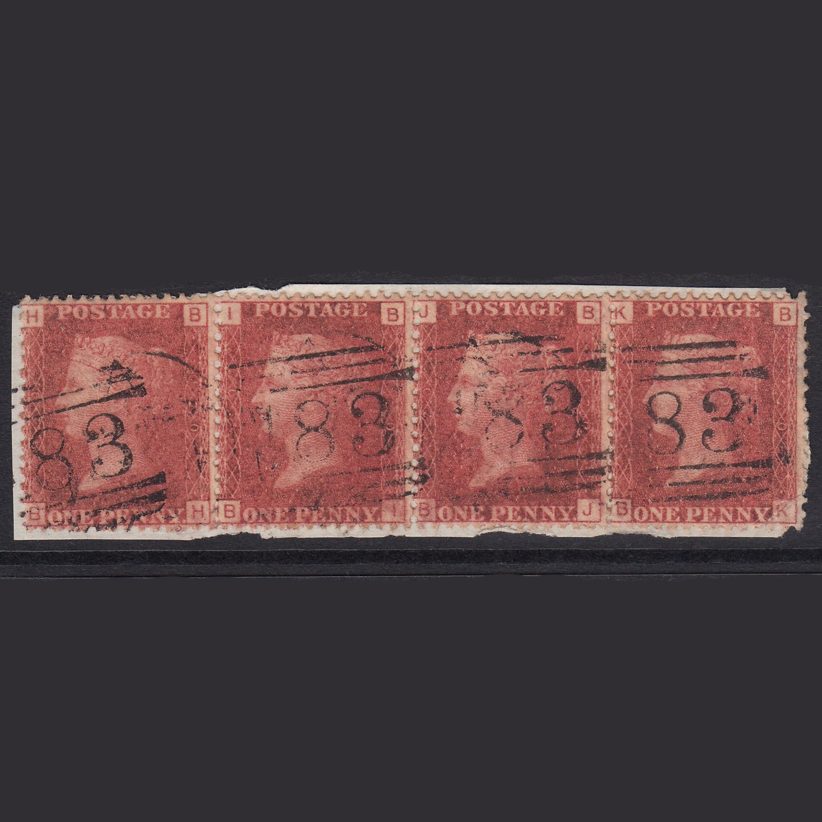 GB QV 1864 1d Pl 120 SG44-G1(2) BH-BI-BJ-BK FU Strip Of 4 On Hull Piece