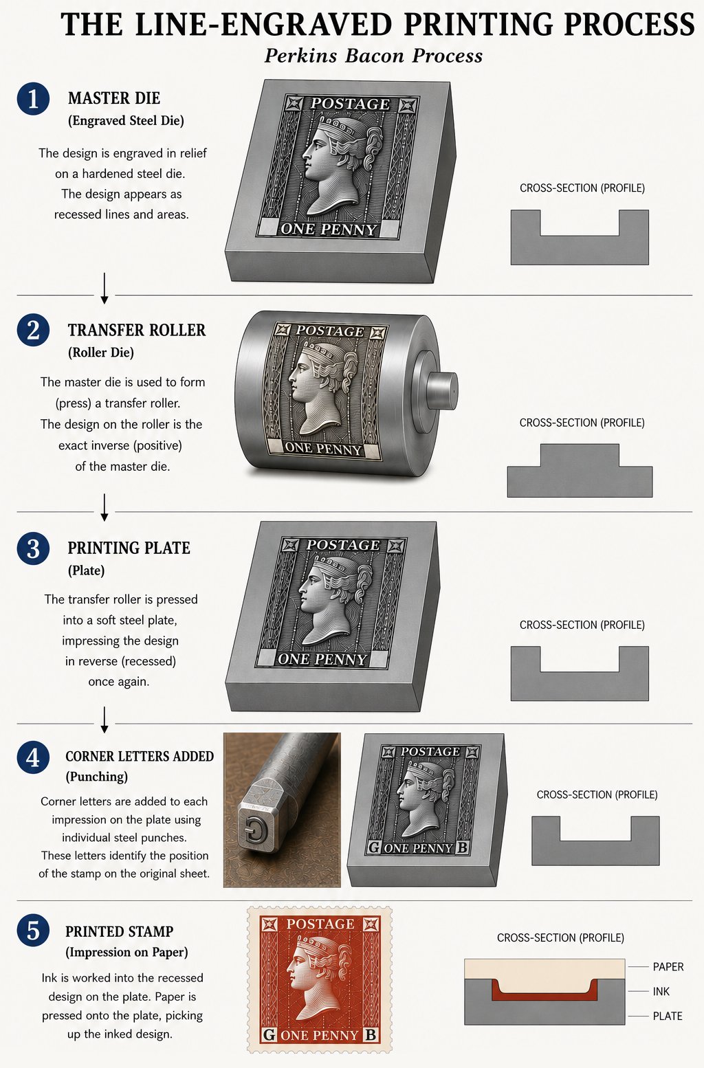 The line-engraved printing process showing the master die, transfer roller, printing plate and printed stamp
