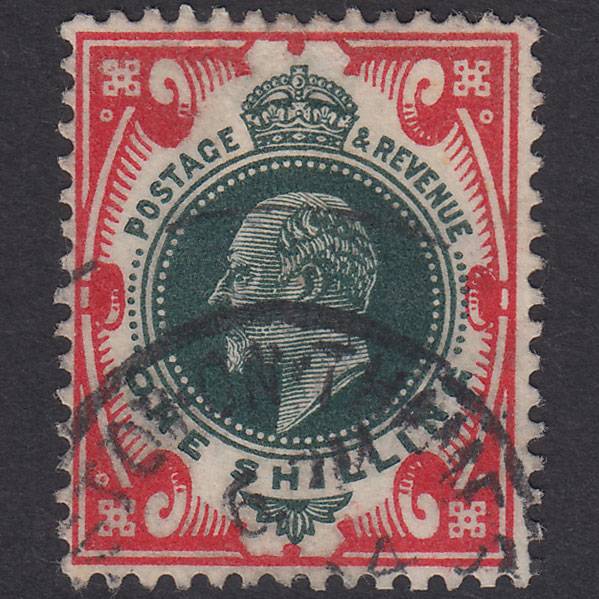GB KE7 1911 1/- Dark Green & Scarlet SG312-M47(1) VFU Kingston CDS