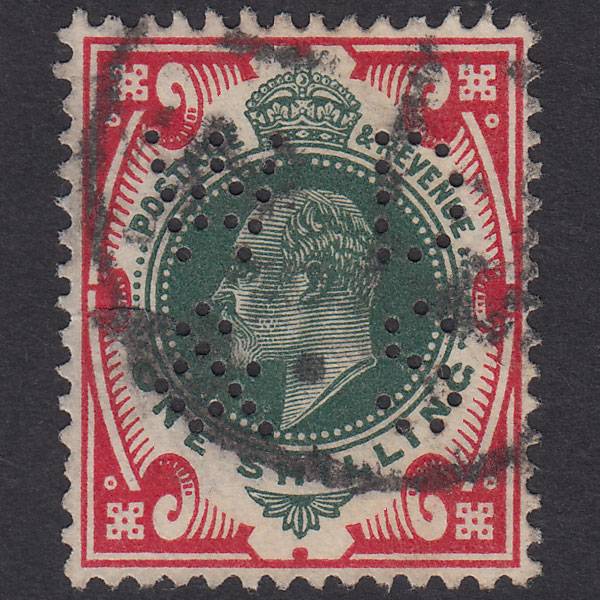 GB KE7 1912 1/- Green & Carmine SG314-M47(5) FU W D & S Perfin