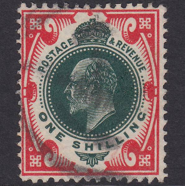 GB KE7 1911 1/- Dark Green & Scarlet SG312-M47(1) FU Light Cancel