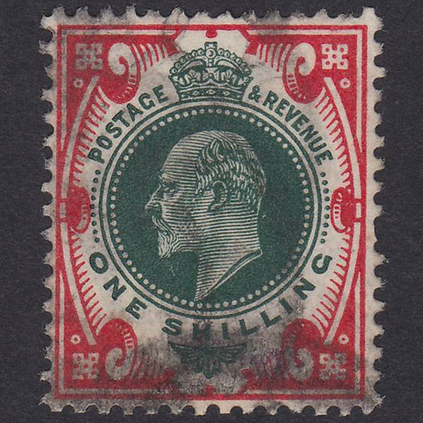 GB KE7 1912 1/- Green & Carmine SG314-M47(5) GU Light Cancel