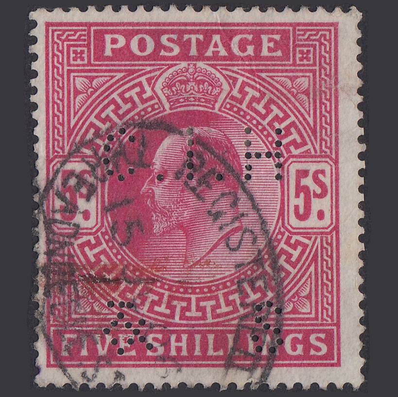 GB KE7 1902 5/- Brt Carmine SG263-M51(1) GU C I H & S Perfin