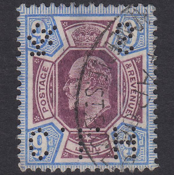 GB KE7 1905 9d Slate-Purple Ultramarine SG251-M39(2) VFU C I H & S Perfin
