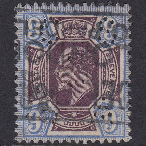GB KE7 1912 9d Dp Plum & Blue SG307A-M41(5) VFU C S L S A Perfin