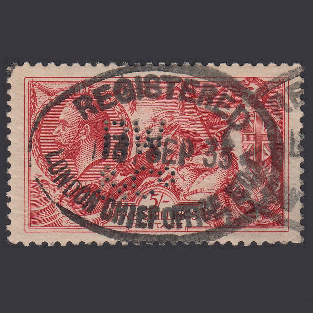 GB KG5 1918 5/- Rose-Red Seahorses SG416-N68(3) FU B W & Co Perfin