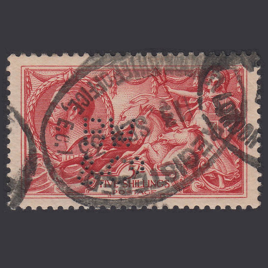 GB KG5 1918 5/- Rose-Red Seahorses SG416-N68(3) FU B W & Co Perfin
