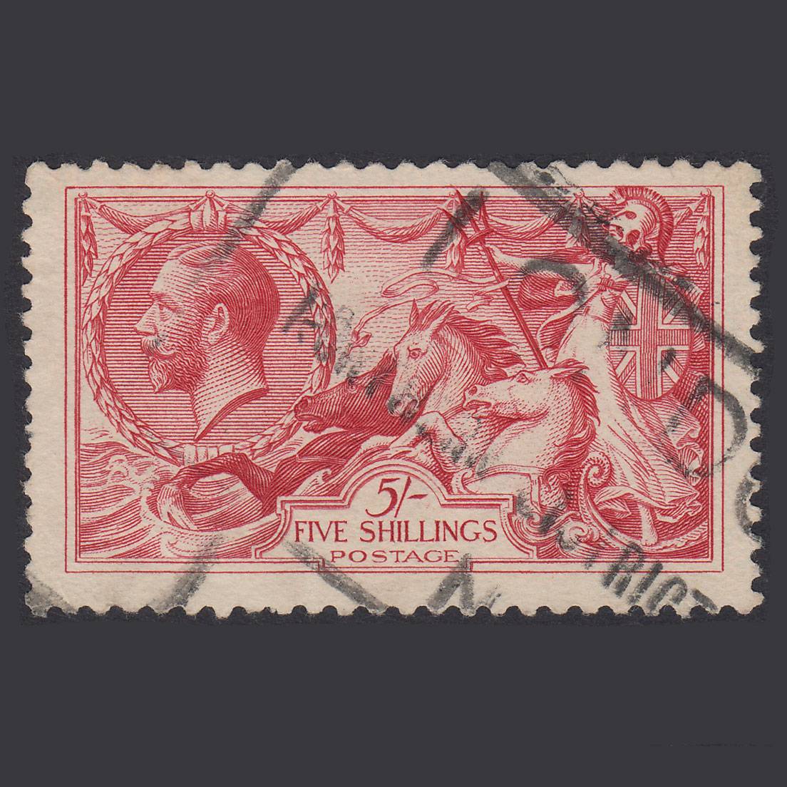 GB KG5 1918 5/- Rose-Red Seahorses SG416-N68(3) GU Light Cancel