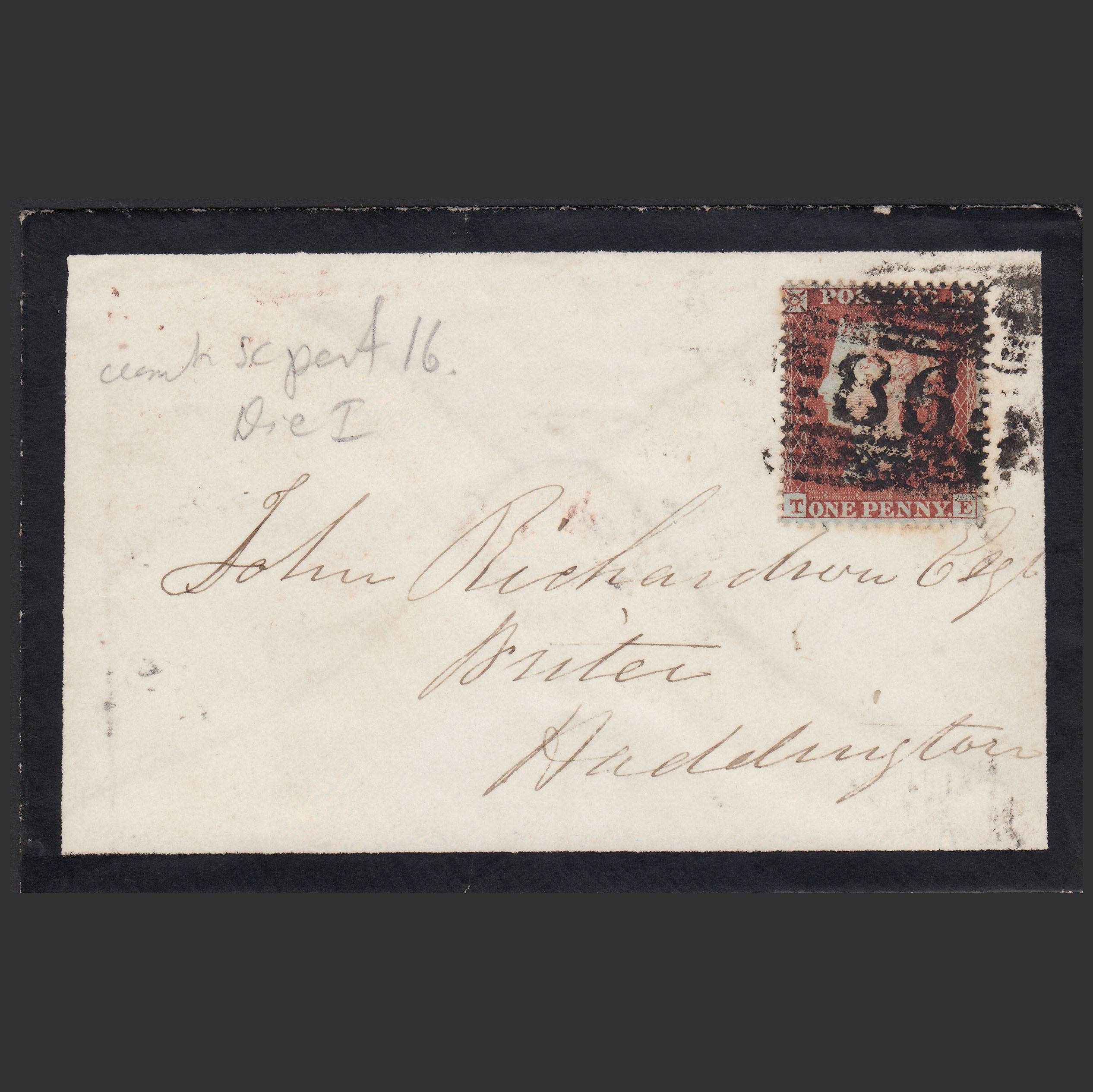 GB QV 1855 1d Plate R6 SG17-C1(1) TE GU Dalkeith 98 on Mourning Cover