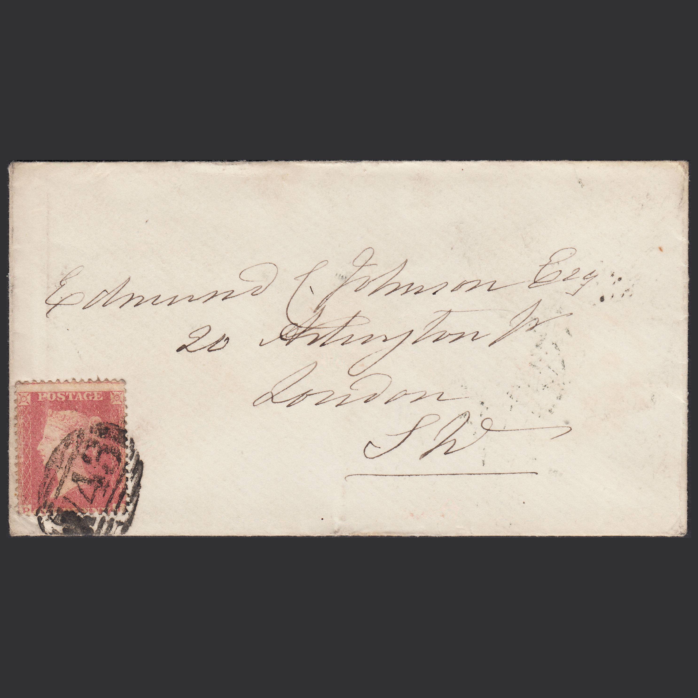 GB QV 1857 1d Rose-Red Transitional (Plate 37) SGC9A(3) PI GU Stevenage 743 Cover