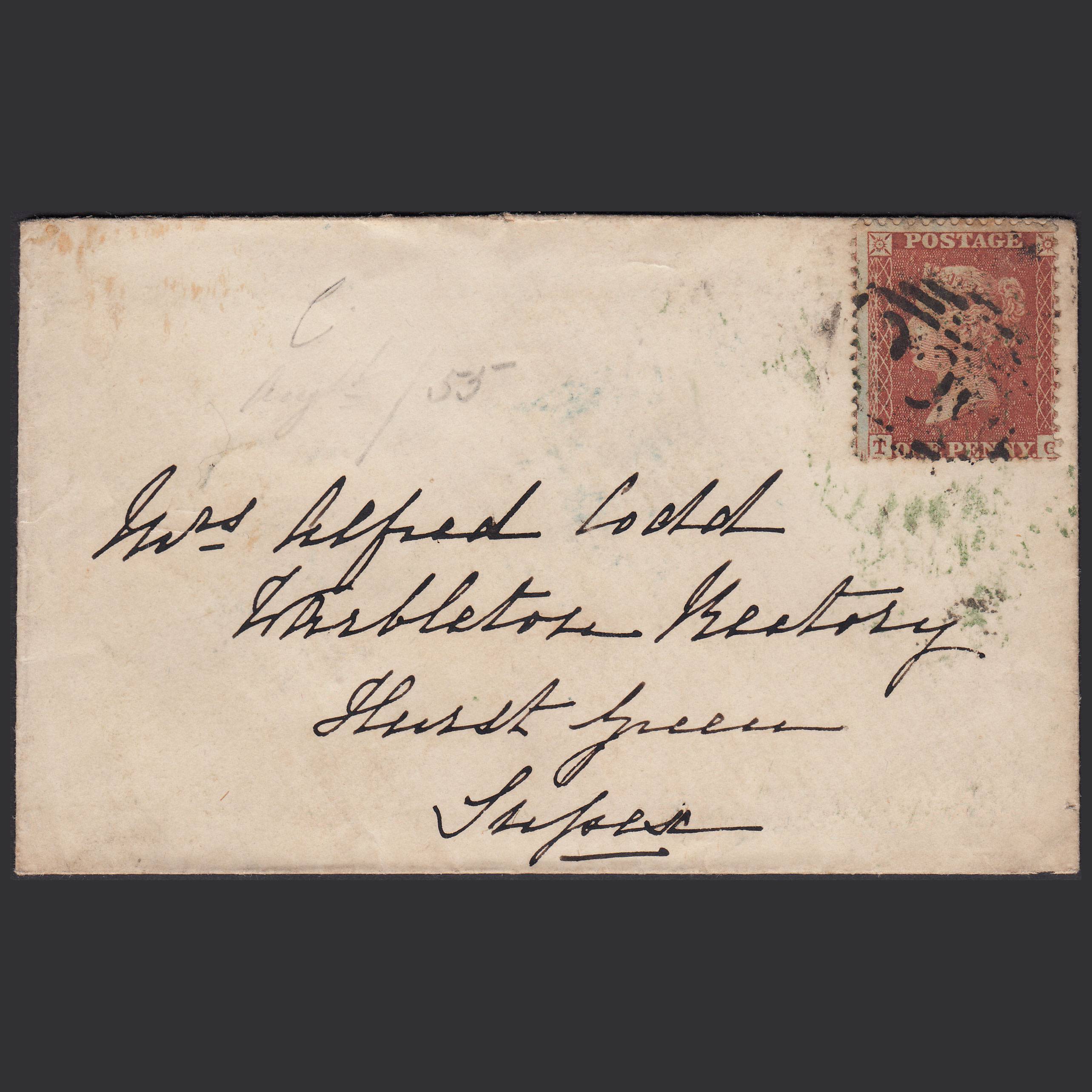GB QV 1855 1d (Plate 1) SG24-C3(1) TG GU Witham to Hurst Green on Cover