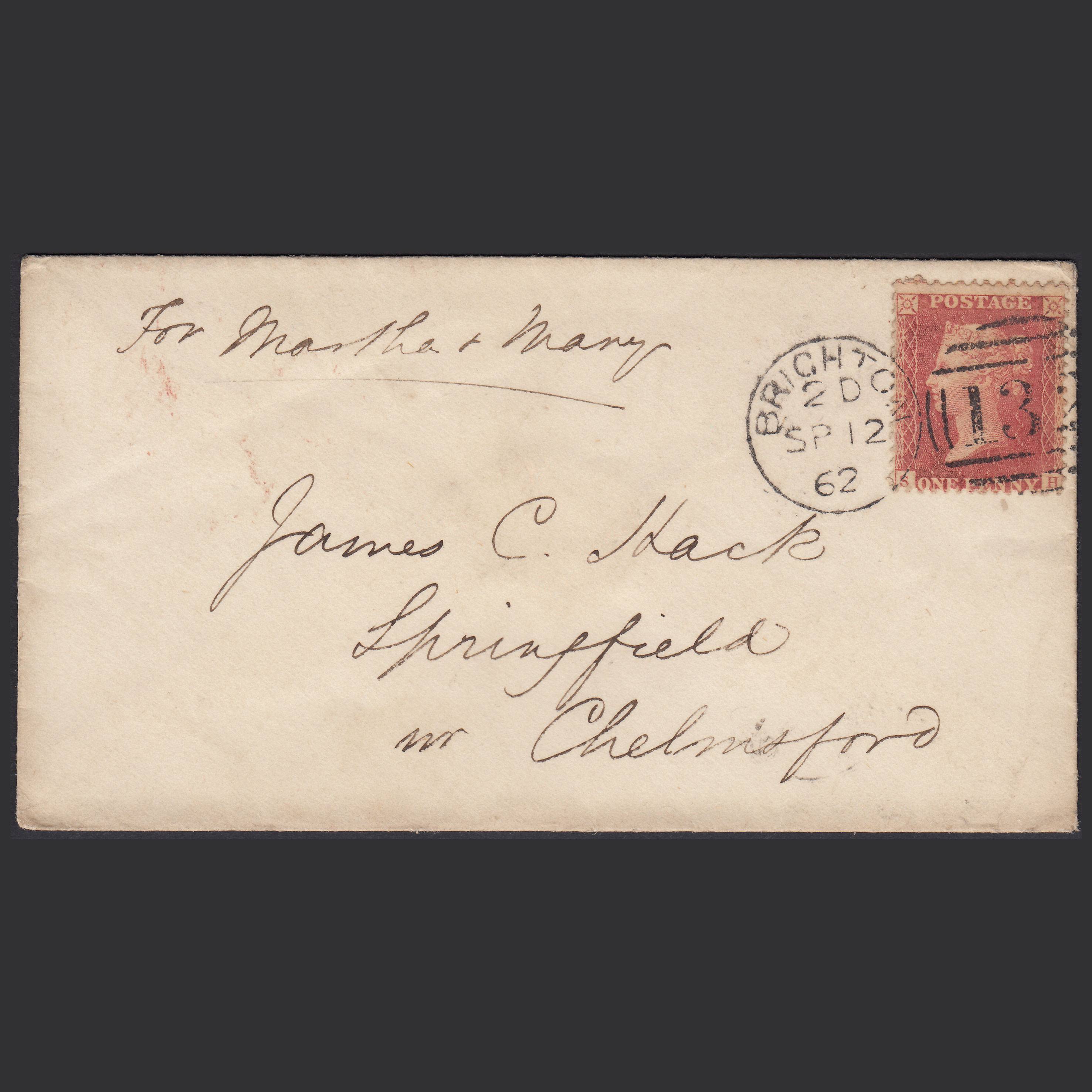 GB QV 1862 1d (Plate 62) SG40-C10(1) SH FU on Cover Brighton - Springfield