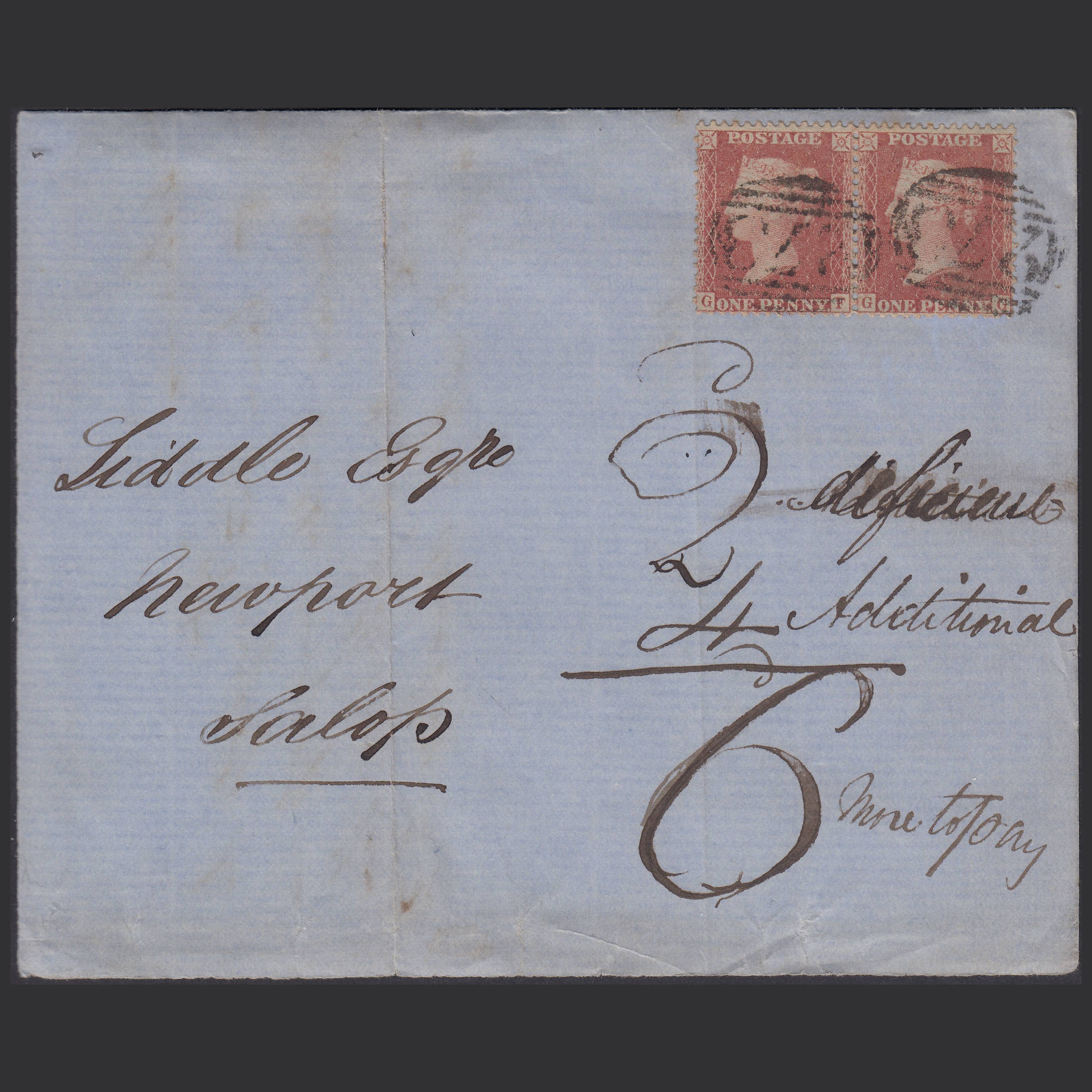 GB QV 1856 1d (Plate 31) SG29-C8(1) GF-GG FU Pair Eccleshall Salop Part Cover