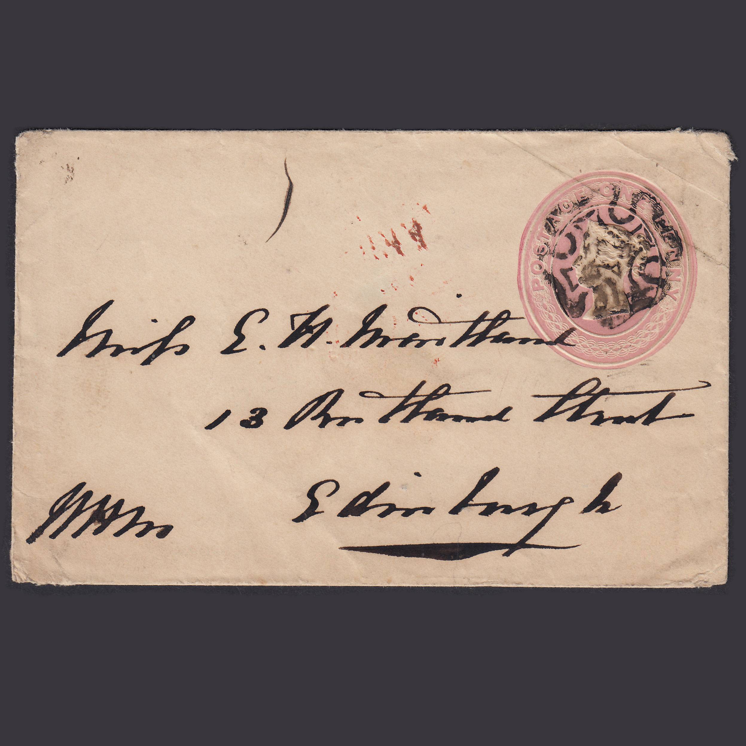 QV 1844 1d Pink Postal Stationery Cover Glasgow to Edinburgh Maltese X