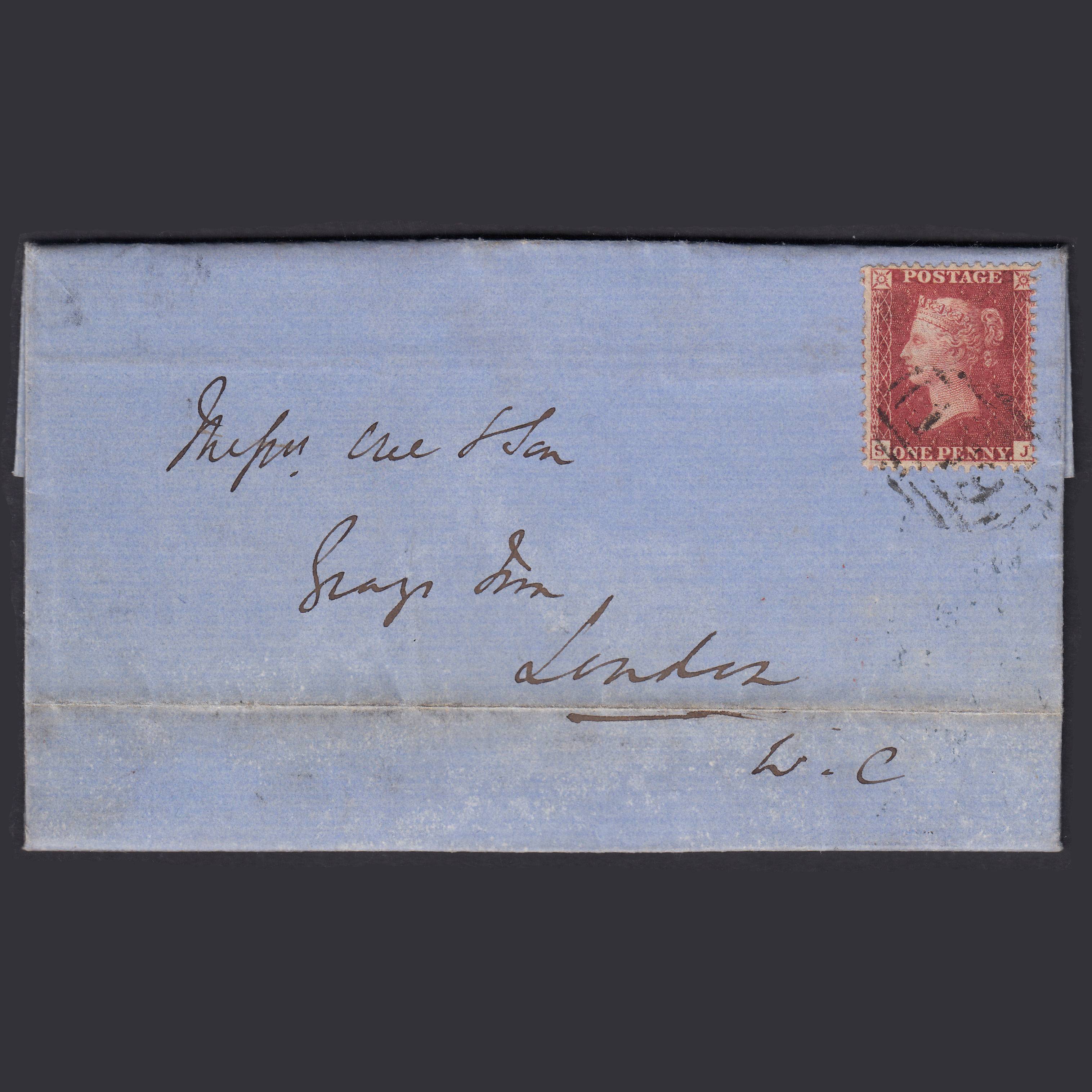 GB QV 1858 1d (Plate 55) SG40-C10(1) SJ FU Ludlow to London Entire