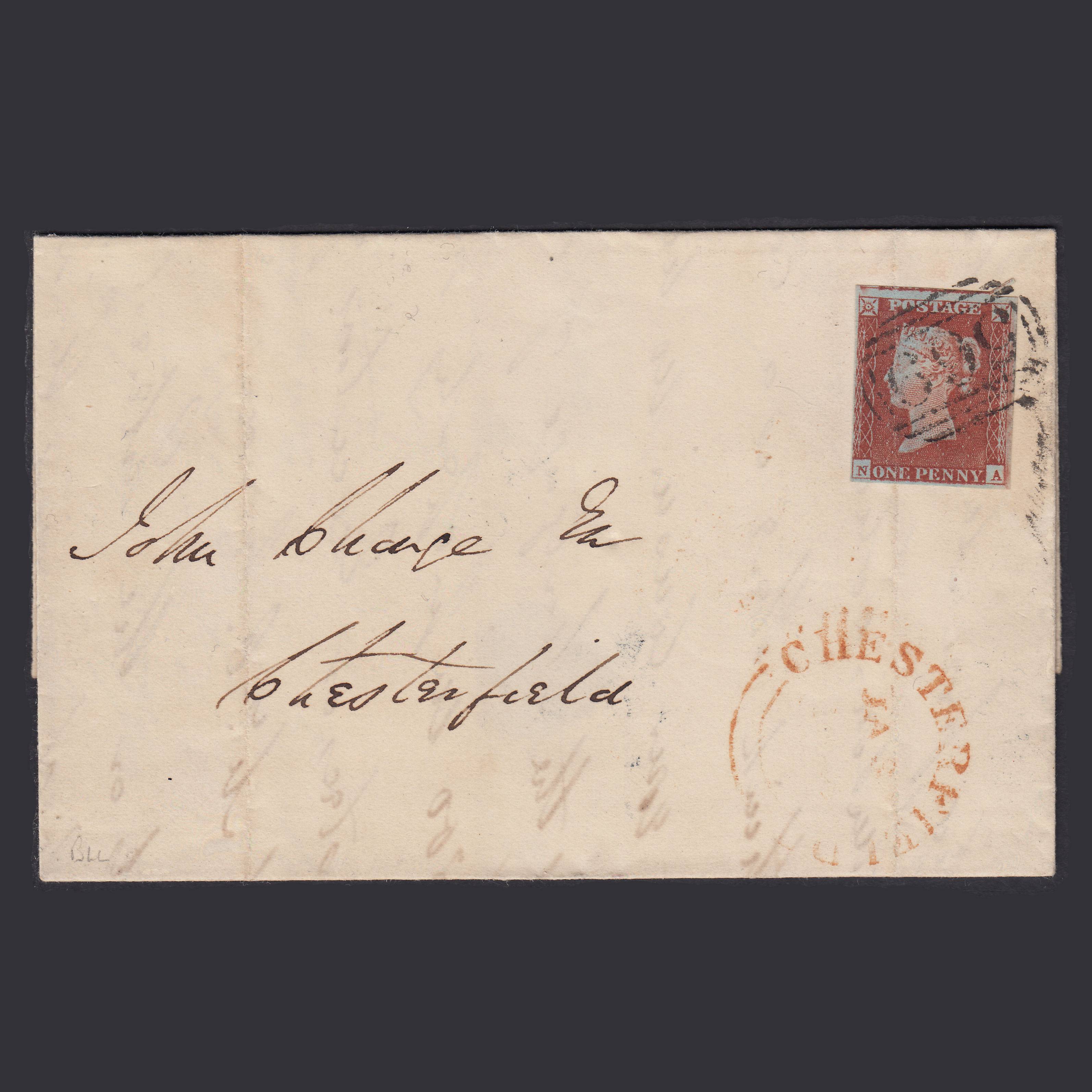 GB QV 1846 1d Plate 57 SG8-B1(1) NA GU Northallerton Chesterfield Entire