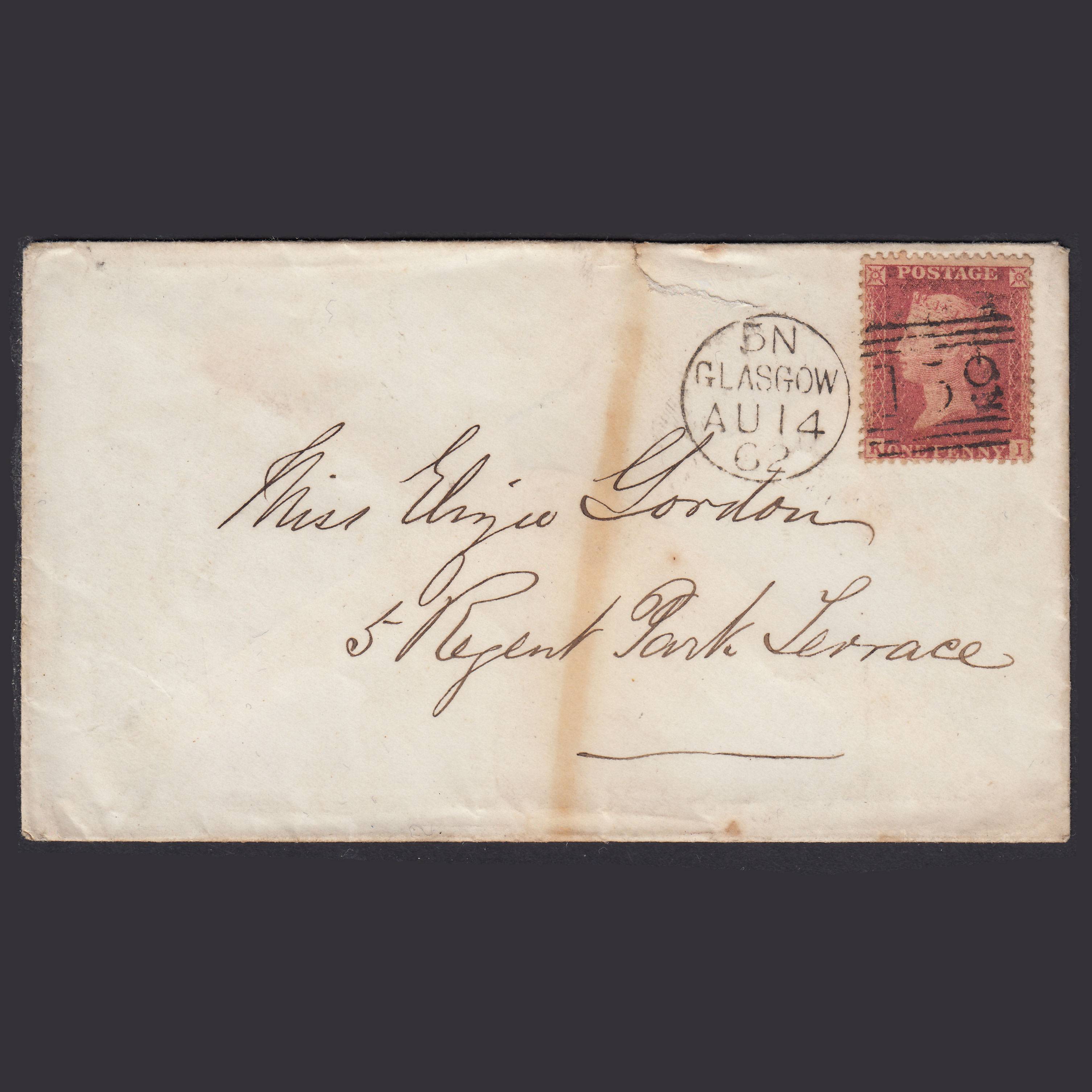 GB QV 1862 1d Rose-Red Plate 68 SG40-C10(1) KI FU Glasgow 159 On Cover