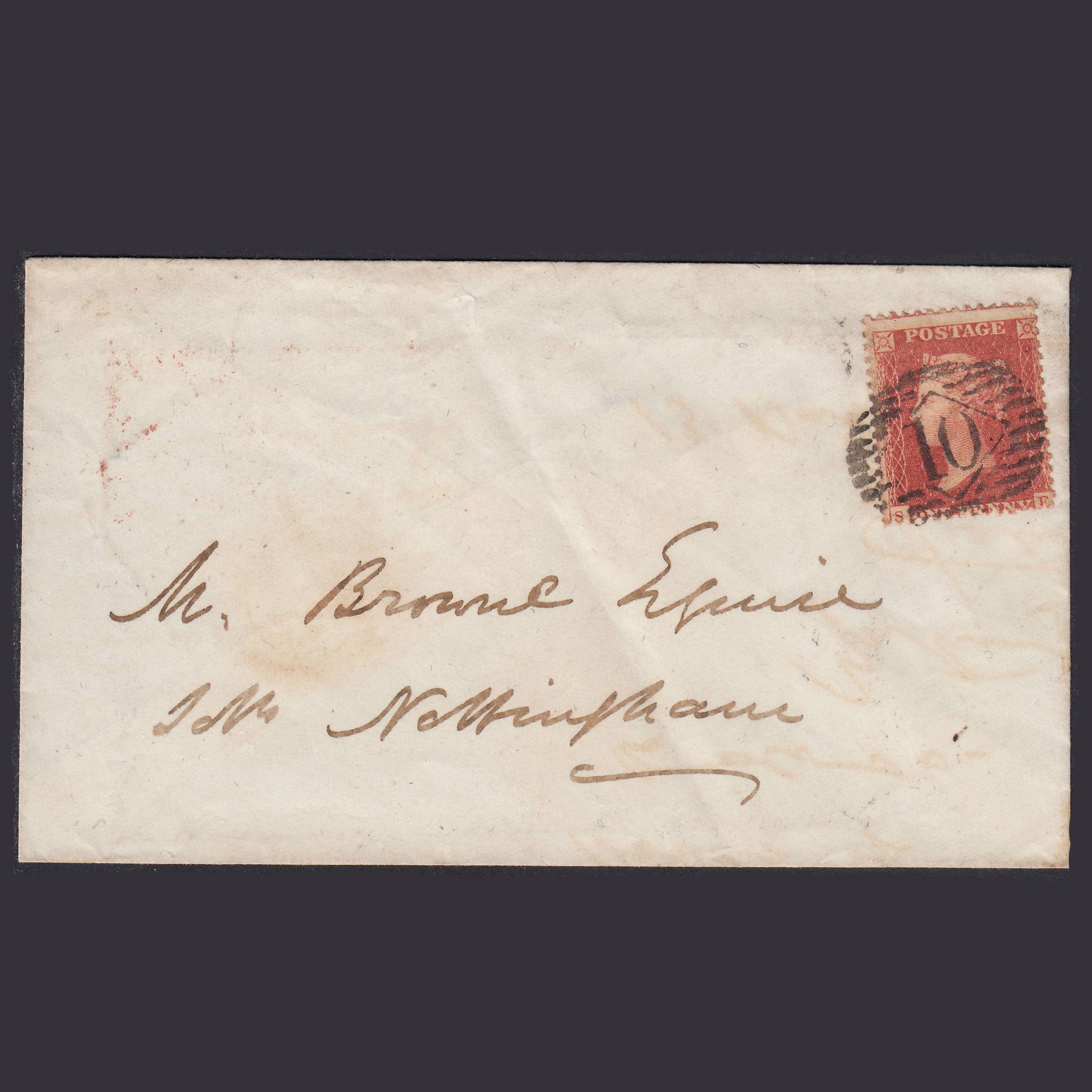 GB QV 1857 1d Red-Orange Plate 47 SGC9(2) SE FU London Nottingham Cover