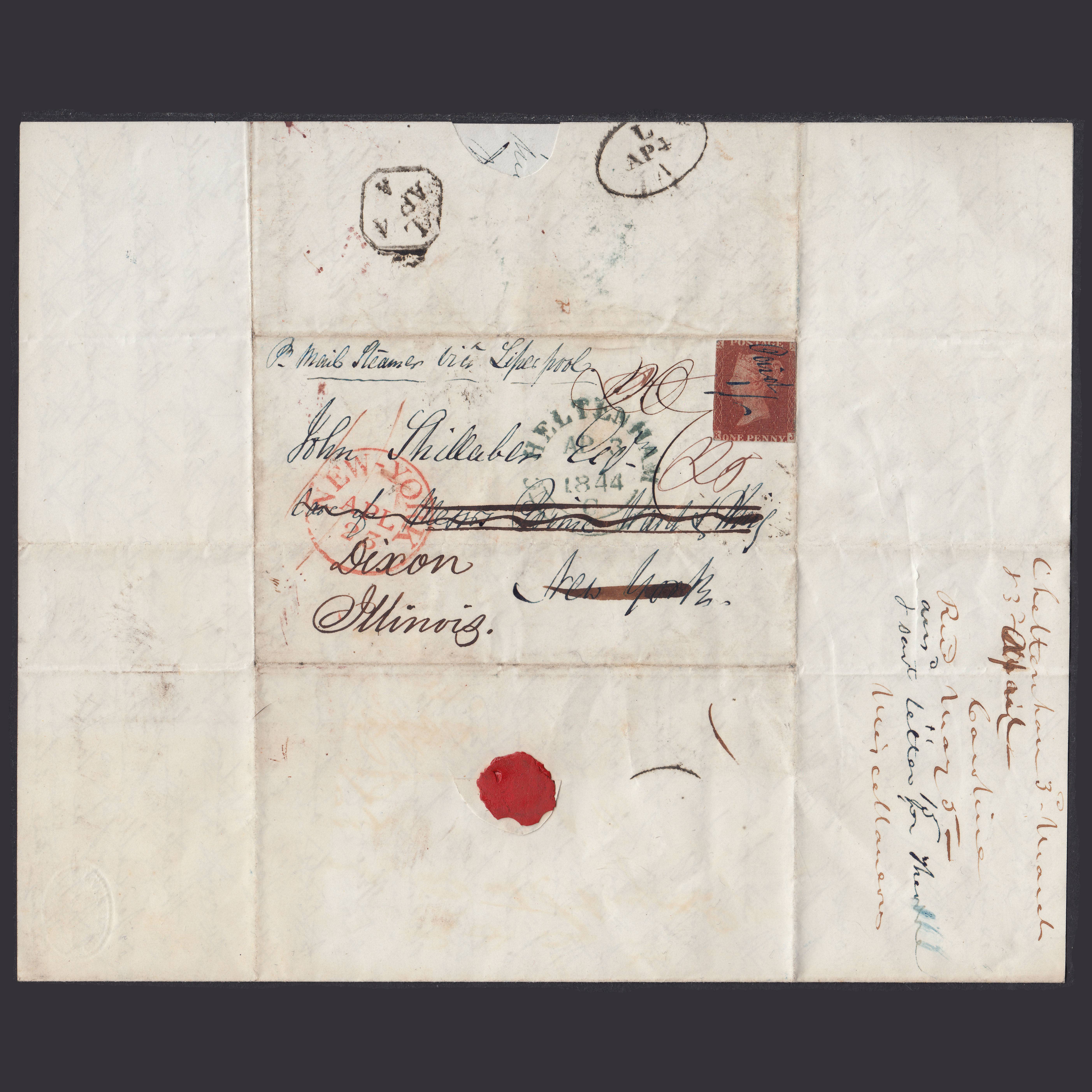 1844 1d Plate 42 SG8 Entire to John Shillaber via Steamship Cross Written