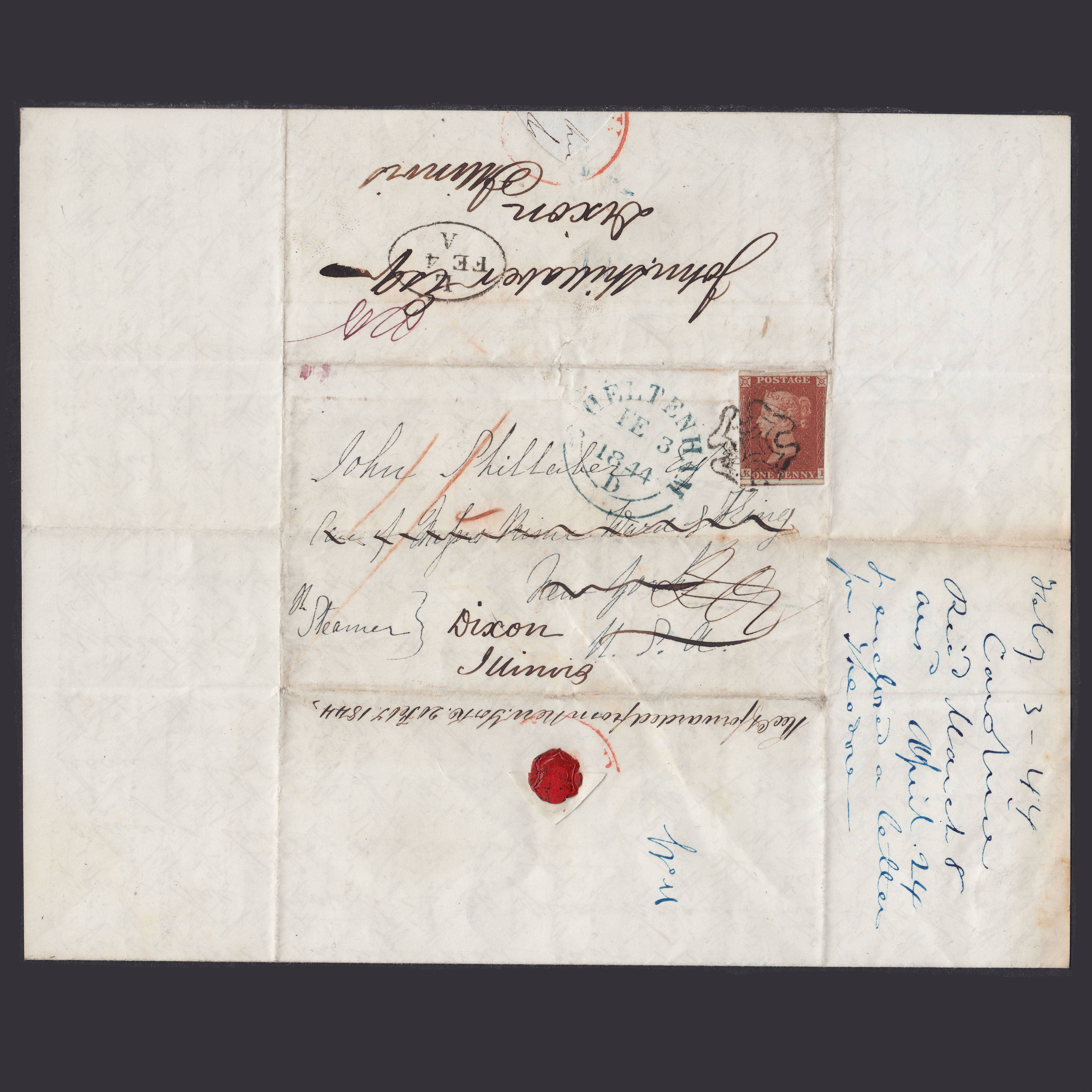 1844 1d Plate 40 SG8 Entire to John Shillaber via Steamship Cross Written