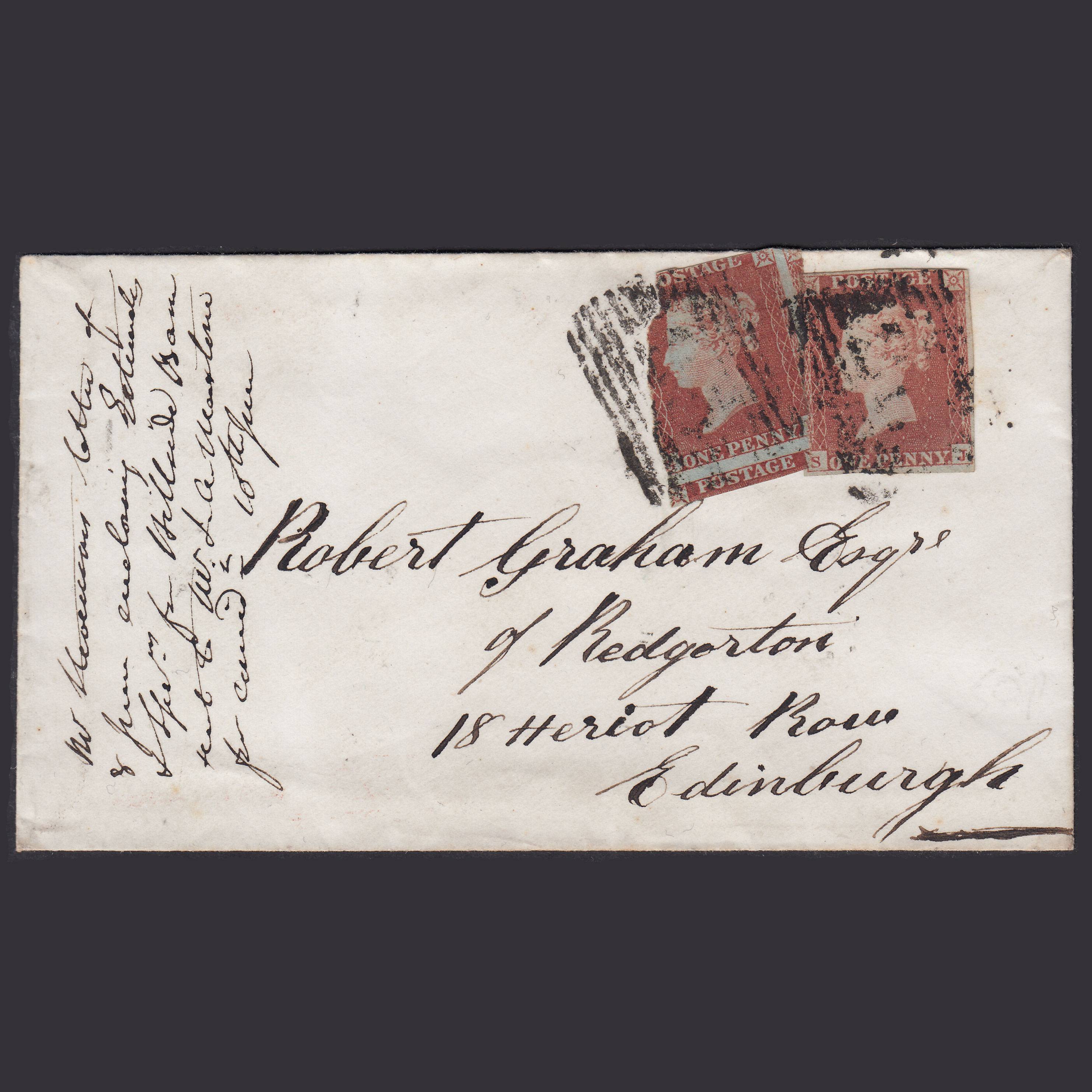 GB QV 1854 1d Plate 172 SG8-B2(1) SJ FU Auchterarder to Edinburgh Cover