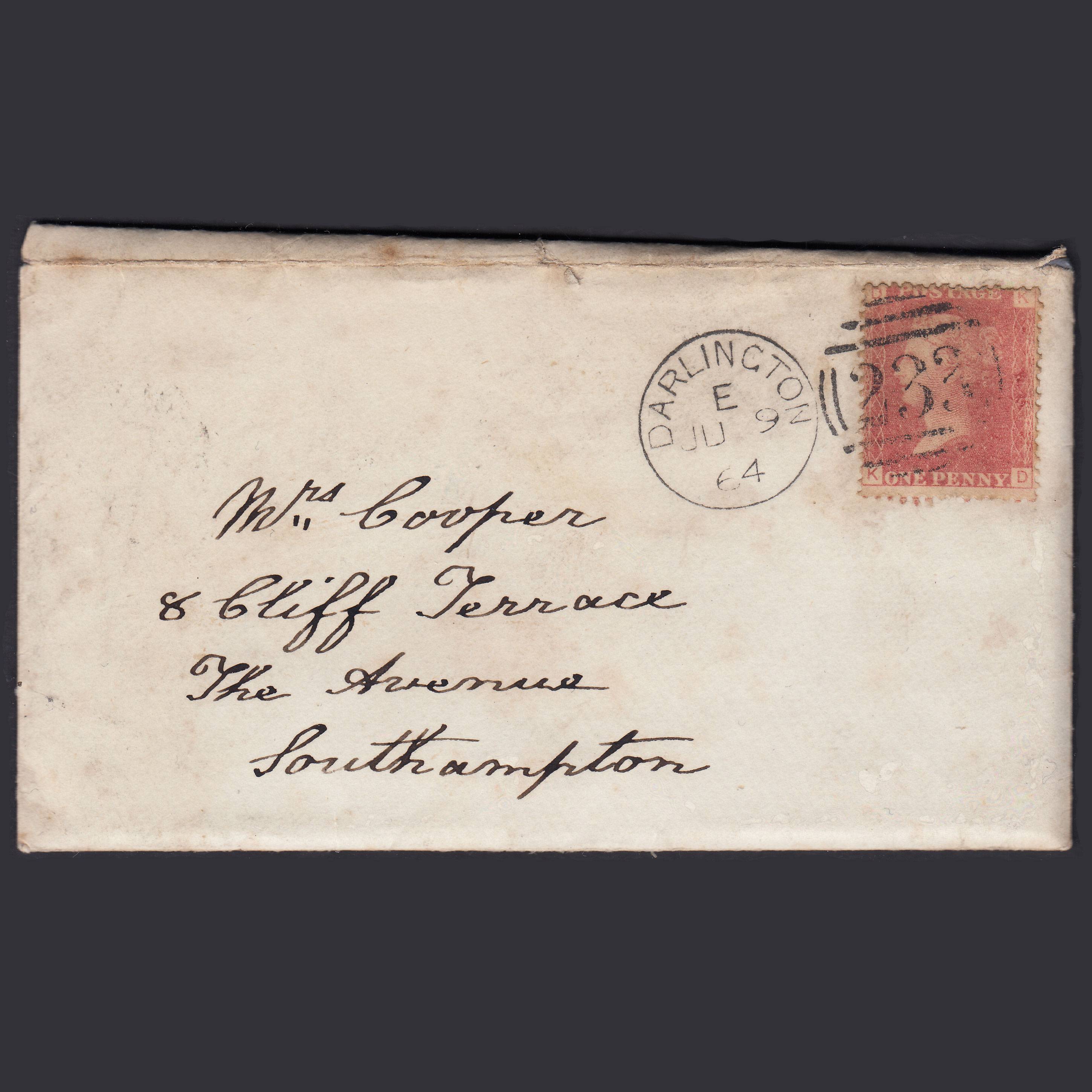 GB QV 1864 1d Pl 89 SG43-G1(1) KD FU Darlington Cover & Letter