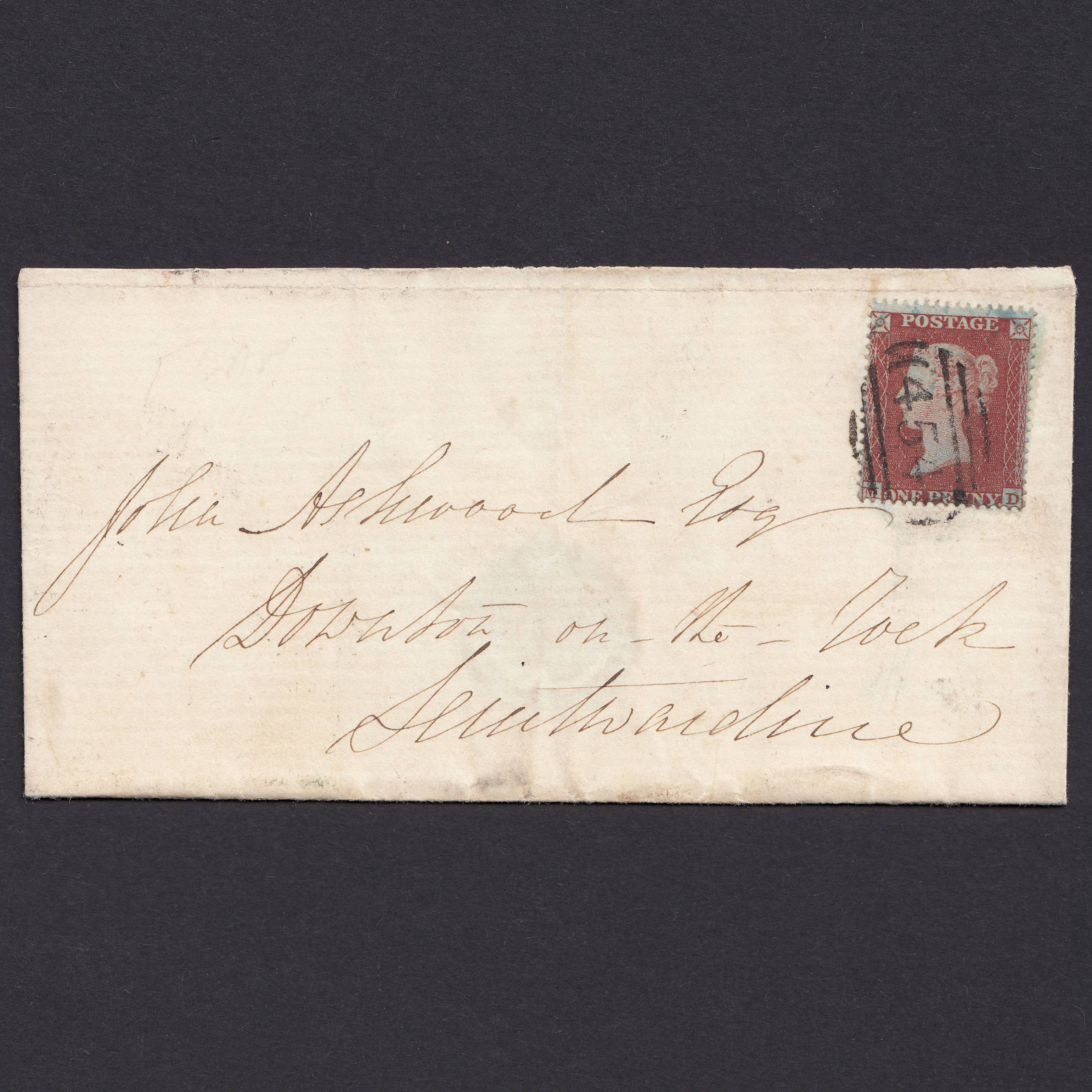 GB QV 1854 1d Pl 182 SG17-C1(1) MI FU Leominster 454 On Partial Wrapper
