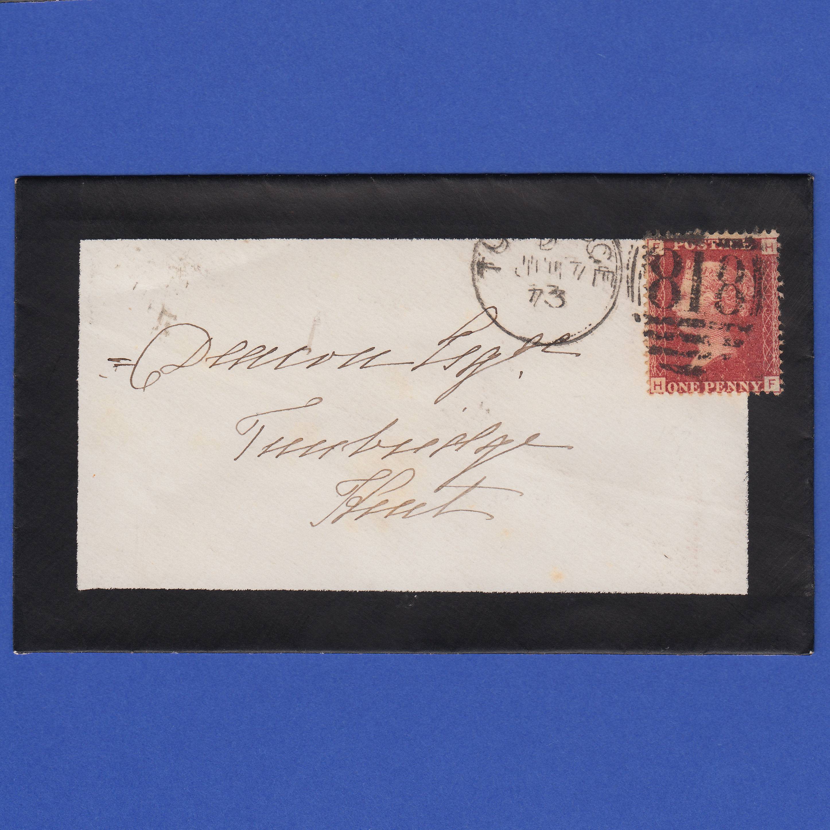 GB QV 1873 1d Lake-Red Pl 157 SG44-G1(2) HF FU Tunbridge Mourning Cover