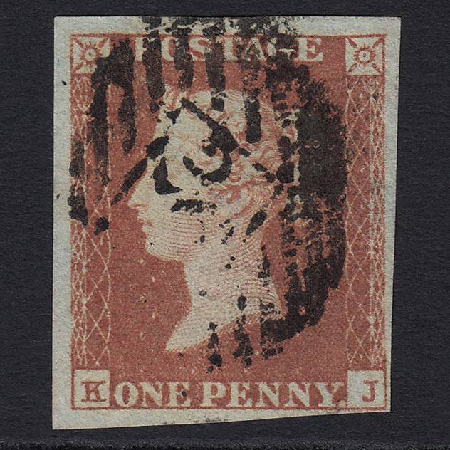 GB QV 1841 1d Red-brown Pl 97 (SG8) 'KJ' FU London IS Cancel 4 Margins