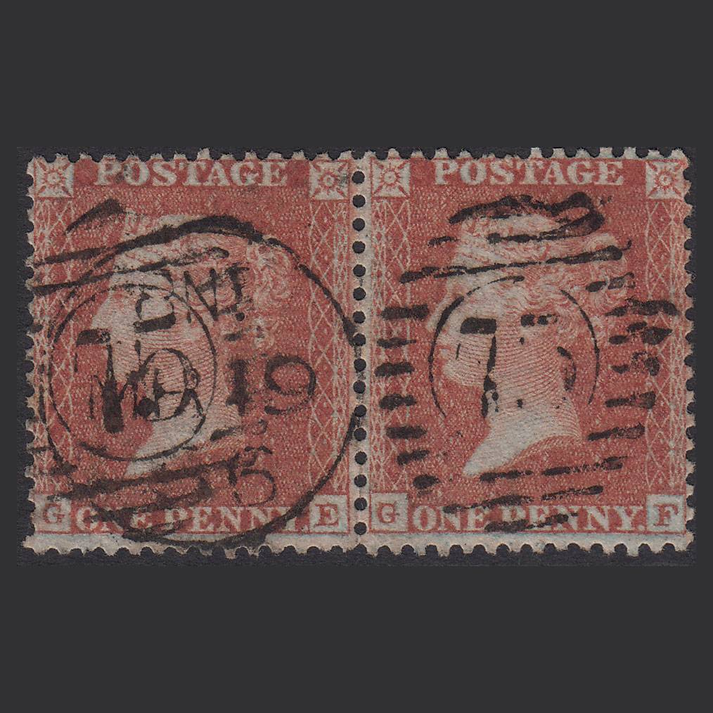 GB QV 1855 1d Brown-rose (Plate 12) SGC6(4) GE-GF GU Pair D&S 75 Micro Tear